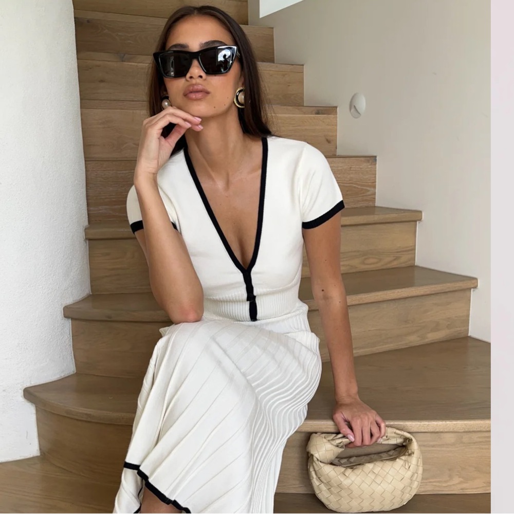 Jolene Contrast Button Up Knit Top + Midi Skirt SET - White Meshki